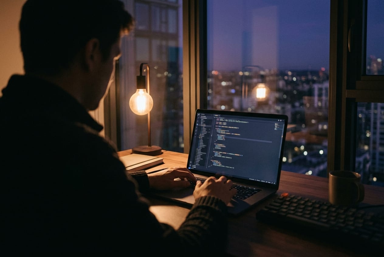 A learner coding an AI agent on a laptop at a desk by a window at night, city lights outside