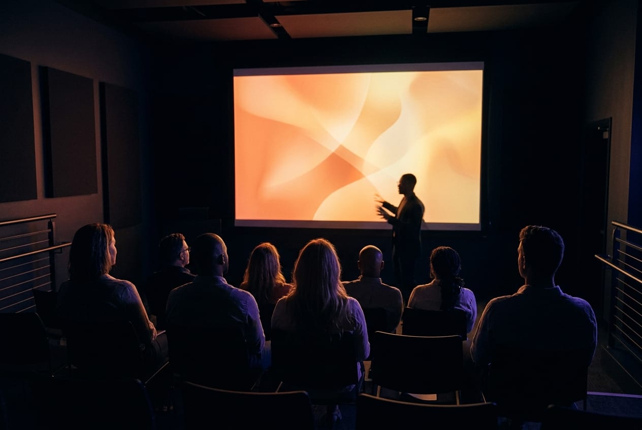 A builder demoing a project to an audience in front of a large screen
